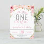 Pink Floral Little Miss Onederful 1st Birthday Invitation (Standing Front)