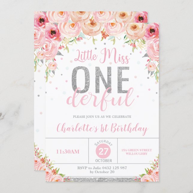 Pink Floral Little Miss Onederful 1st Birthday Invitation (Front/Back)