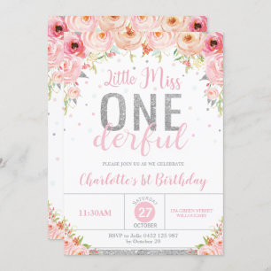 Pink Floral Little Miss Onederful 1st Birthday Invitation