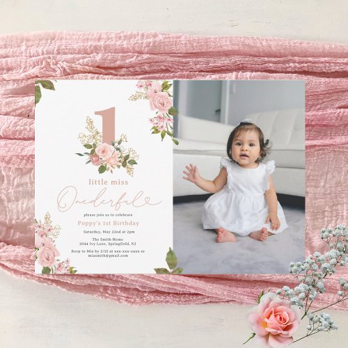 Pink Floral Little Miss Onederful 1st Birthday Invitation