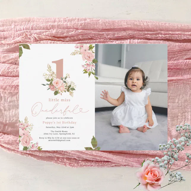 Pink Floral Little Miss Onederful 1st Birthday Invitation | Zazzle