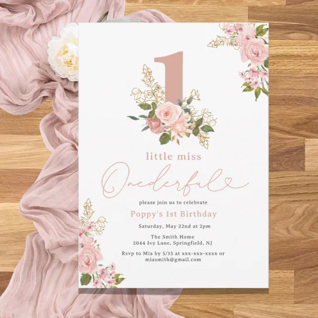 Pink Floral Little Miss Onederful 1st Birthday Invitation | Zazzle