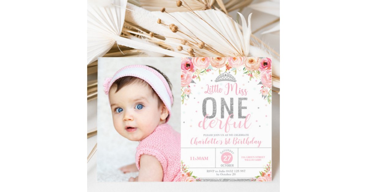 Pink Floral Little Miss Onederful 1st Birthday Invitation | Zazzle