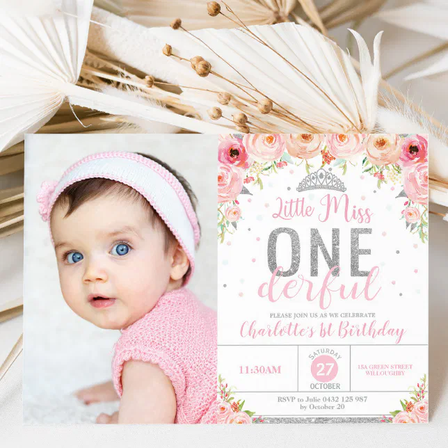 Pink Floral Little Miss Onederful 1st Birthday Invitation | Zazzle