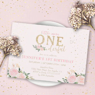 Pink Floral Little Miss Onederful 1st Birthday Invitation