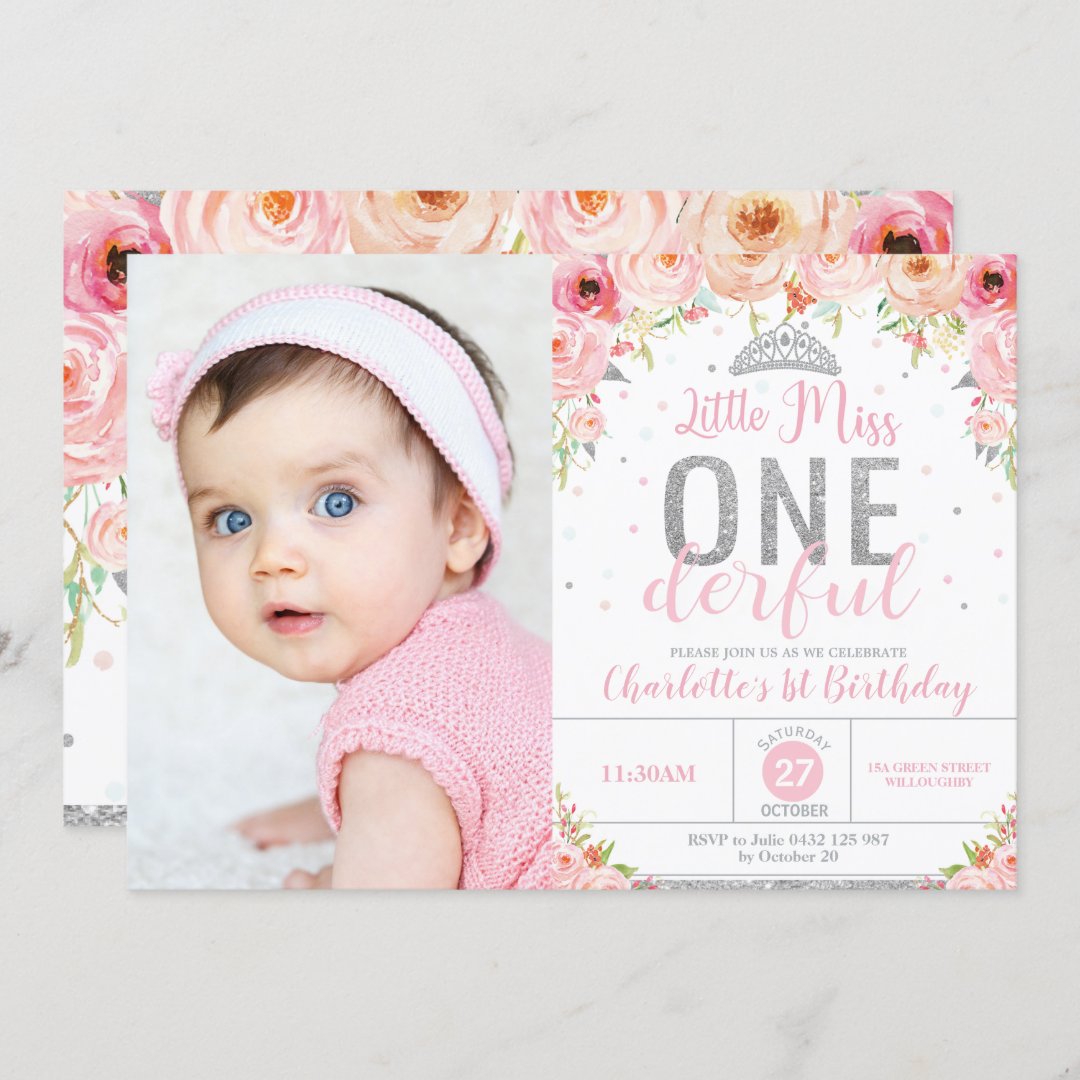 Pink Floral Little Miss Onederful 1st Birthday Invitation | Zazzle