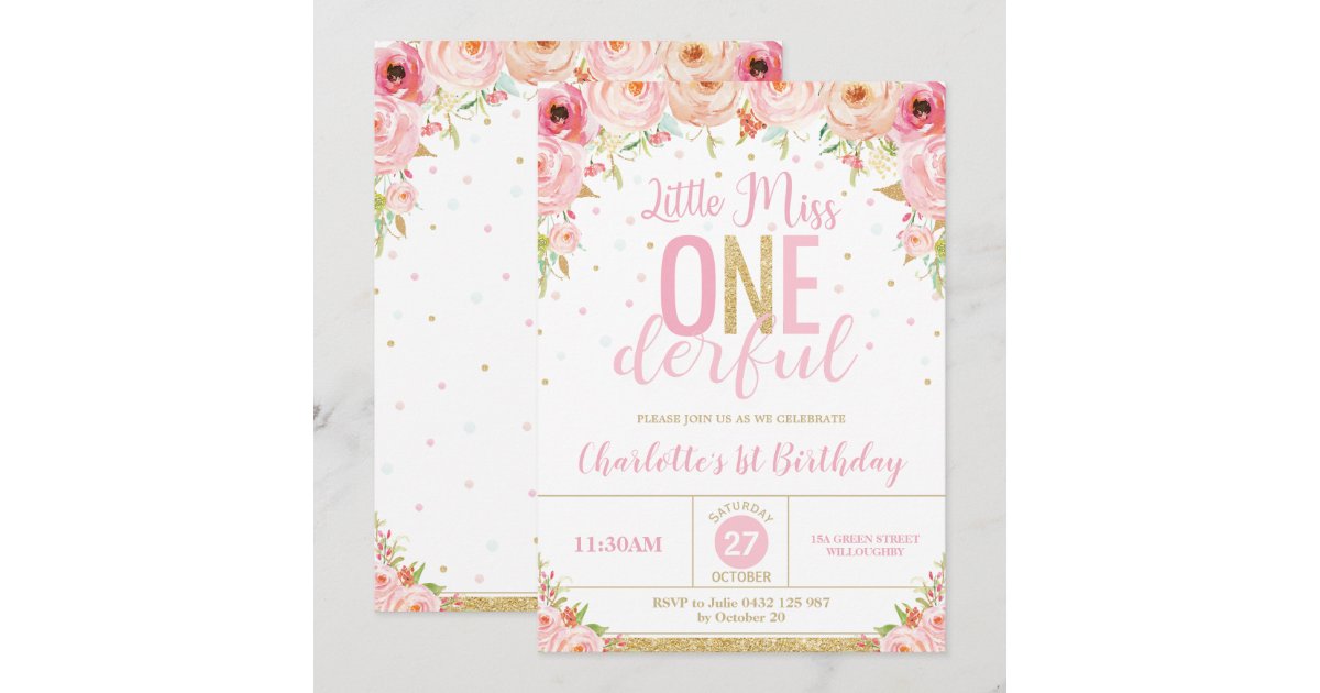 Pink Floral Little Miss Onederful 1st Birthday Invitation | Zazzle