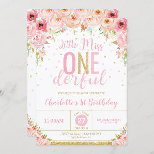 Pink Floral Little Miss Onederful 1st Birthday Invitation