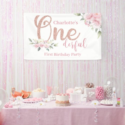 Pink Floral Little Miss Onederful Birthday Banner
