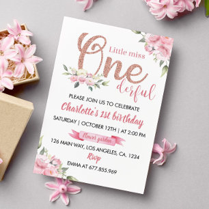 Pink Floral Little Miss Onederful Birthday Invitation