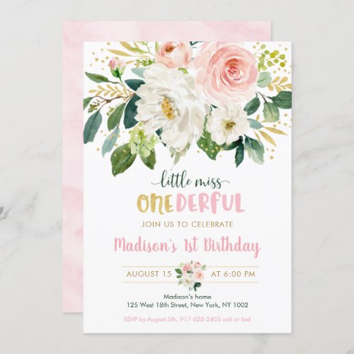 Pink Floral Little Miss Onederful First Birthday Invitation
