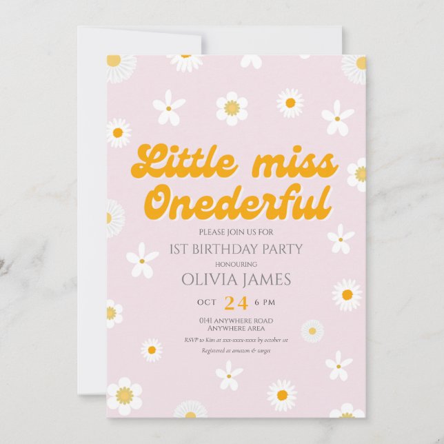 Pink floral little miss onederful first birthday invitation (Front)