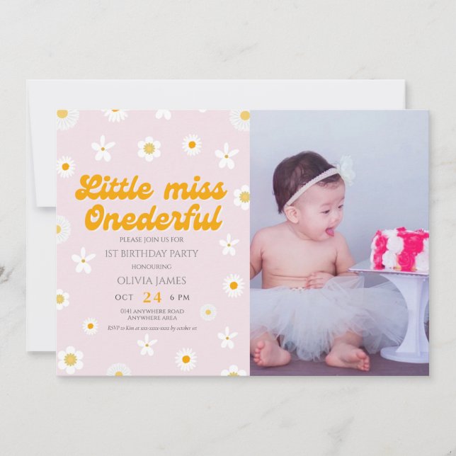 Pink floral little miss onederful photo birthday invitation (Front)