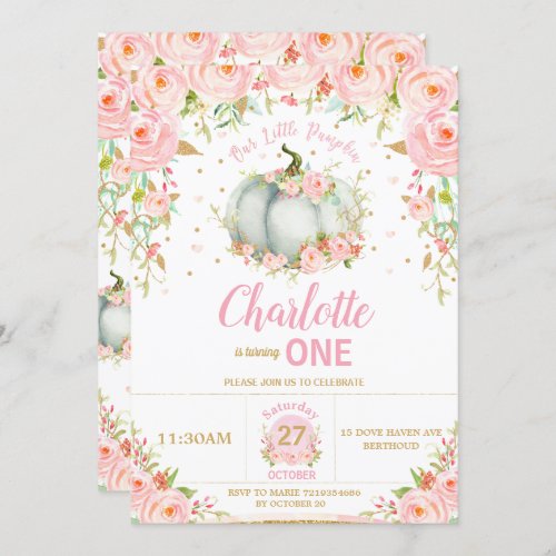 Pink Floral Little Pumpkin1st First Birthday Invitation