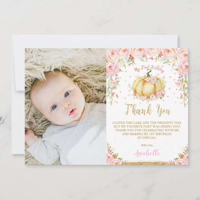Pink Floral Little Pumpkin 1st Birthday Thank You Card (Front)