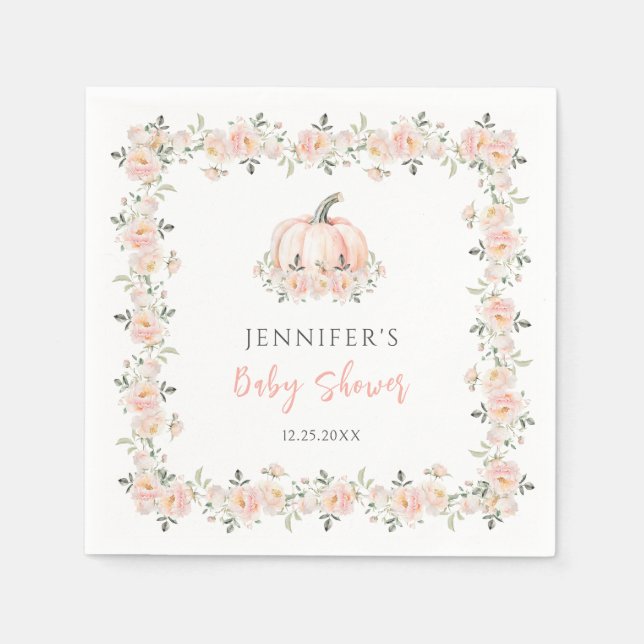 Pink floral little pumpkin fall baby girl shower napkins (Front)