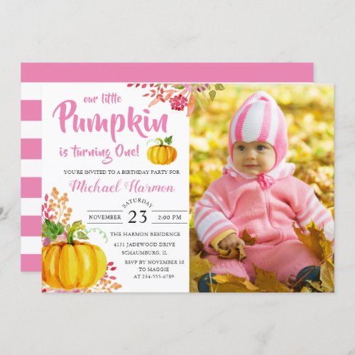 Pink Floral Little Pumpkin Fall Birthday Photo Invitation