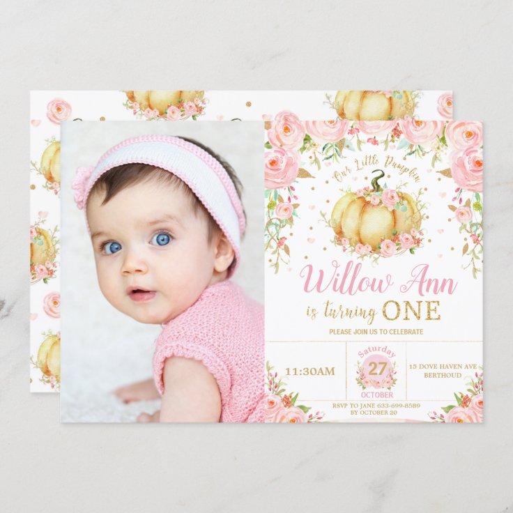 Pink Floral Little Pumpkin Girl 1st Birthday Photo Invitation | Zazzle