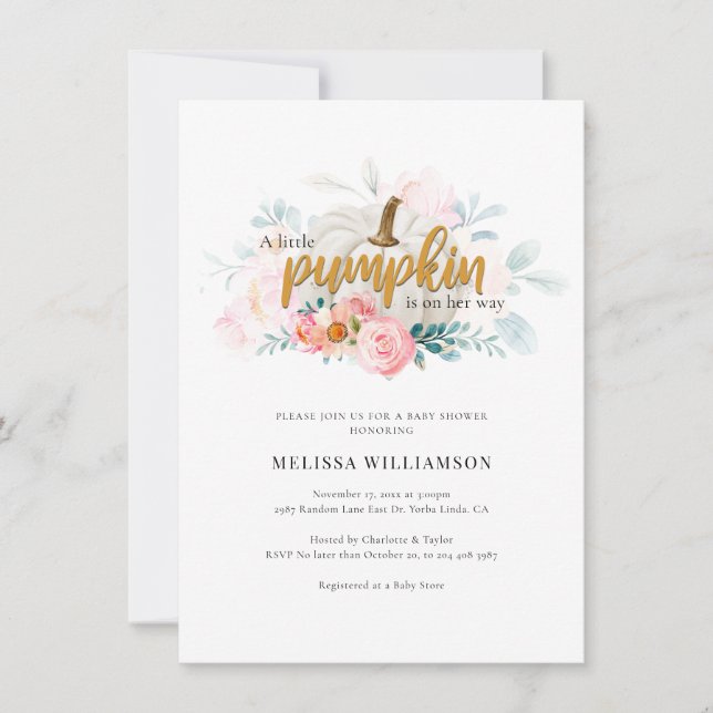 Pink Floral Little Pumpkin Girl Baby Shower Invitation (Front)
