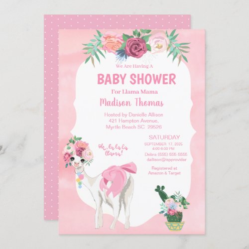 Pink Floral Llama Mama Alpaca  Girls Baby Shower Invitation