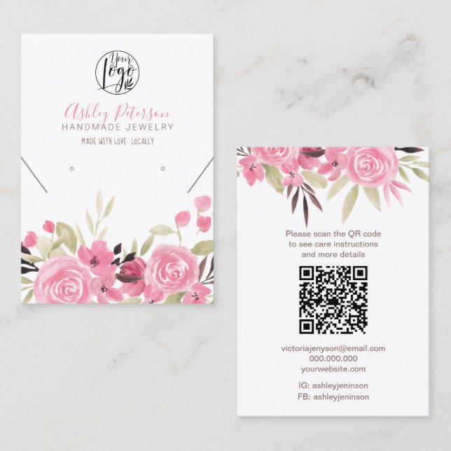 Pink floral logo jewelry earring necklace Qr code Business Card (Front/Back)