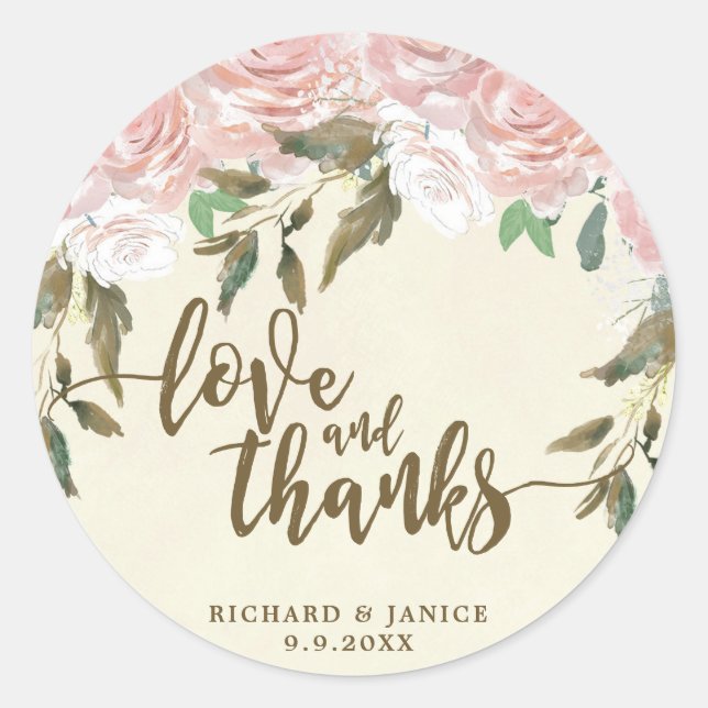 pink floral love and thanks favors sticker wedding (Front)