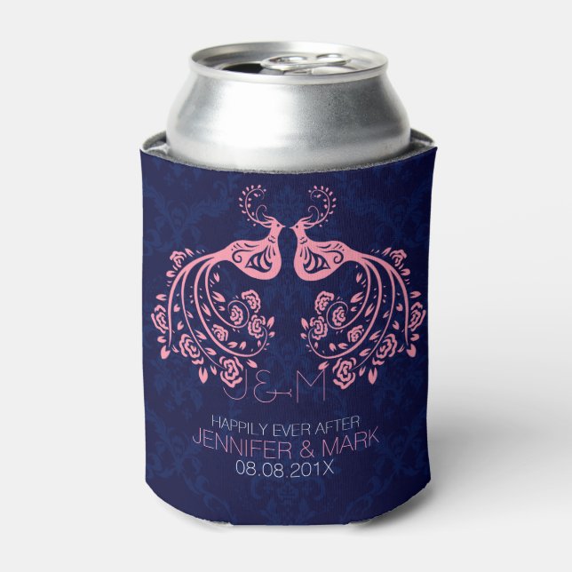 Pink Floral Love Birds Dark Blue Custom Backgroun Can Cooler (Can Front)