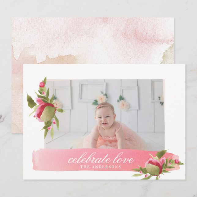pink floral love celebration valentines photo card (Front/Back)