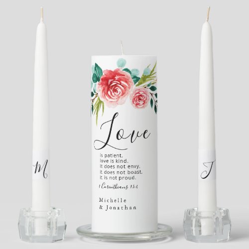 Pink Floral Love Christian Bible Verse Wedding Unity Candle Set