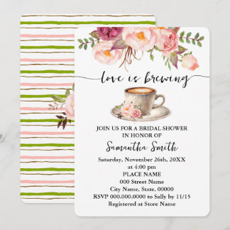 Pink Floral Love is Brewing Bridal Shower Coffee Invitation