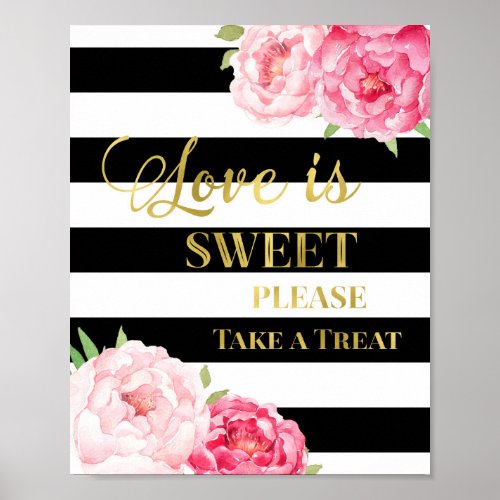 Pink Floral Love is Sweet Sign Gold Black Stripes