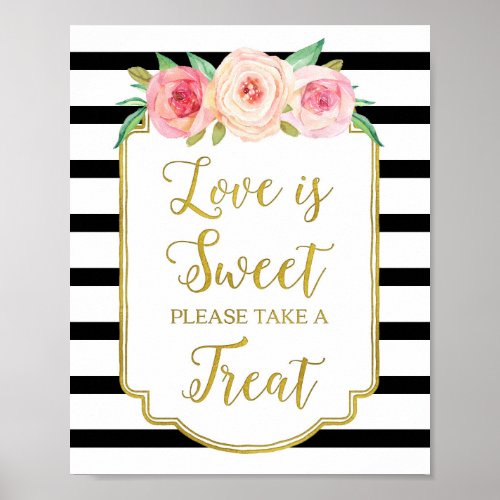 Pink Floral Love is Sweet Sign Gold Black Stripes