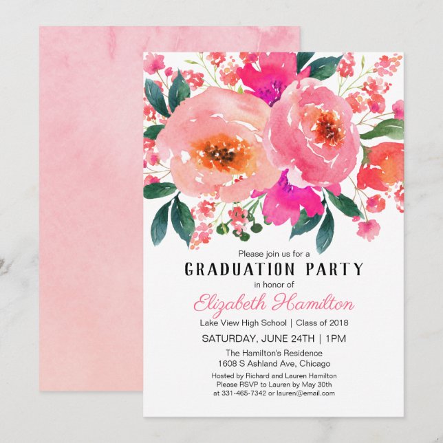 Pink Floral Lovely Bouquet Graduation Party Invitation (Front/Back)