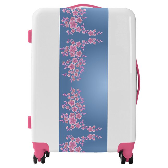 Pink Floral Luggage (A stylish suitcase adorned with pink floral designs against a blue background.)