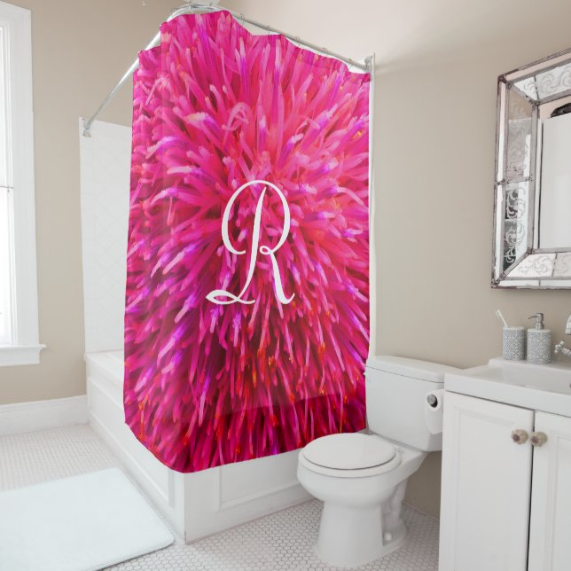 Pink Floral Macro Abstract with White Monogram Shower Curtain (In Situ)