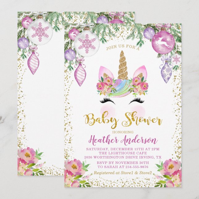 Pink Floral Magical Christmas Unicorn Baby Shower Invitation (Front/Back)