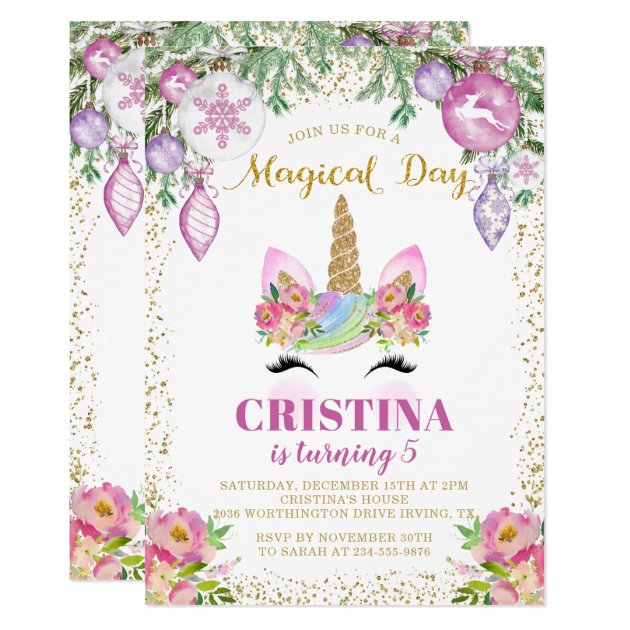 Pink Floral Magical Christmas Unicorn Birthday Invitation