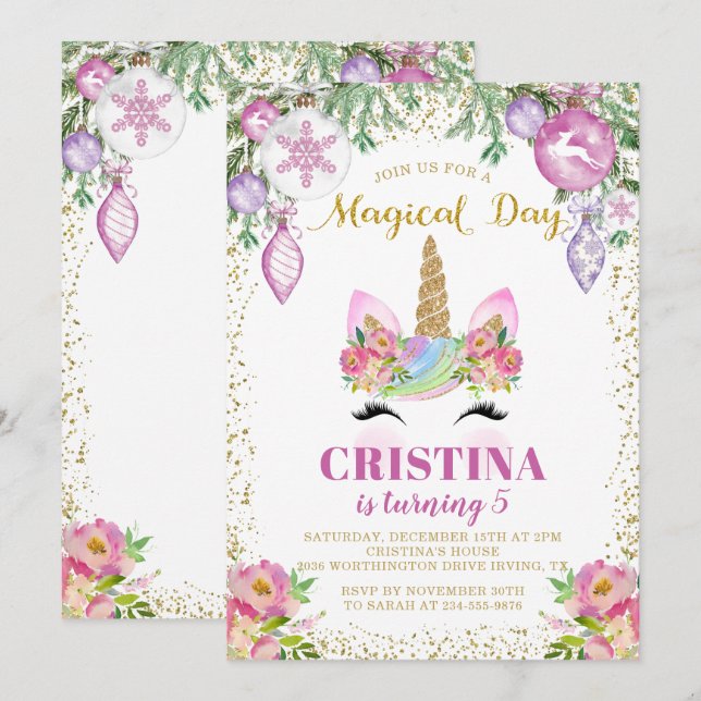 Pink Floral Magical Christmas Unicorn Birthday Invitation (Front/Back)