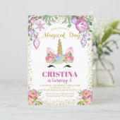 Pink Floral Magical Christmas Unicorn Birthday Invitation (Standing Front)