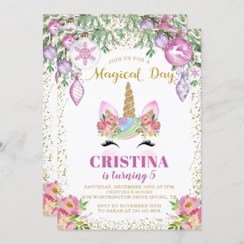 Pink Floral Magical Christmas Unicorn Birthday Invitation