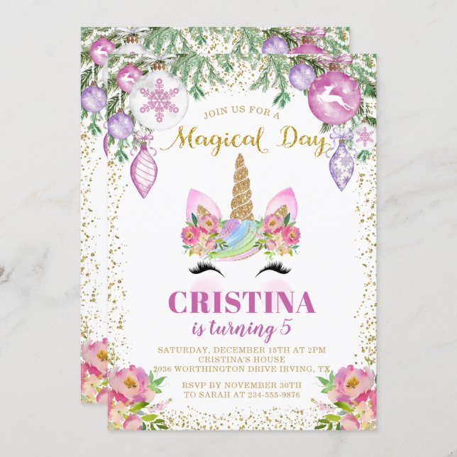 Pink Floral Magical Christmas Unicorn Birthday Invitation (Front/Back)