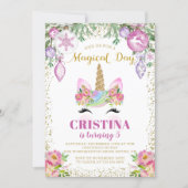 Pink Floral Magical Christmas Unicorn Birthday Invitation (Front)