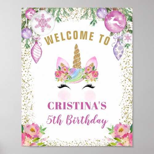 Pink Floral Magical Christmas Unicorn Welcome Poster