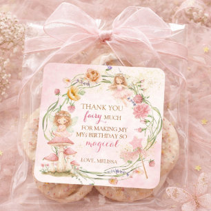 Pink Floral Magical Fairy Garden Girl Birthday Square Sticker