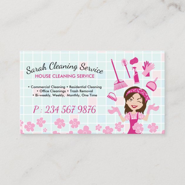 Pink Floral Maid House Cleaning Service Business Card