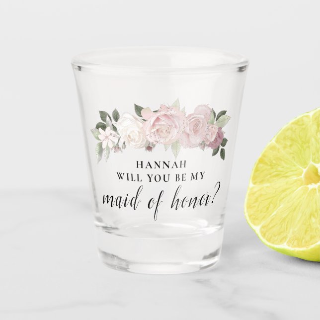 Pink Floral Maid of Honor Proposal Shot Glass (Front)