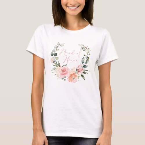 Pink Floral Maid of Honor Script Watercolor Wreath T_Shirt