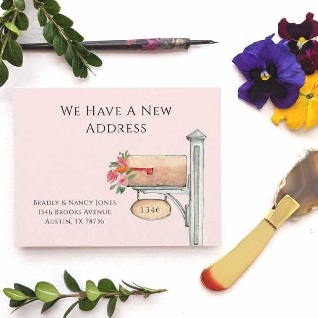 Pink Floral Mailbox We have moved flat  Note Card (Creator Uploaded)