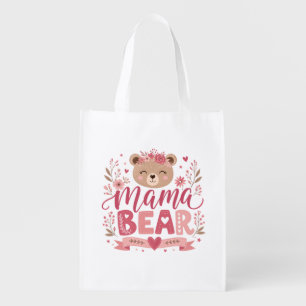 Pink Floral Mama Bear Botanical Illustration Grocery Bag