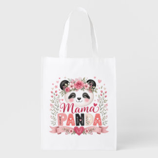 Pink Floral Mama Panda Motherhood Illustration Grocery Bag